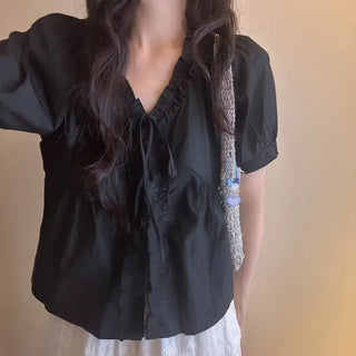 Ruffle V-Neck Lace-Up Shirt