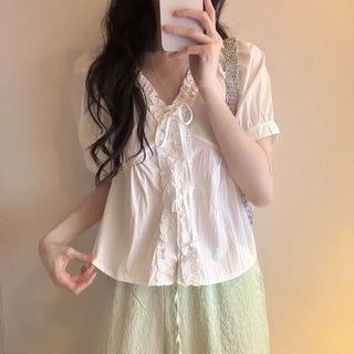 Ruffle V-Neck Lace-Up Shirt