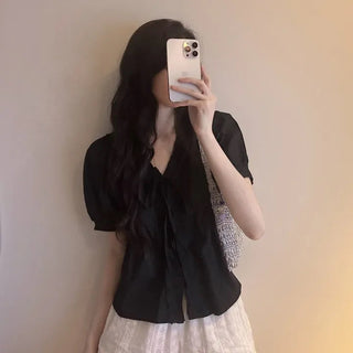 Ruffle V-Neck Lace-Up Shirt