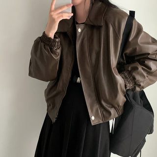 Zip Fleece Lined Leather Coat