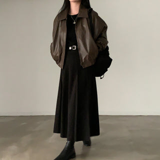 Zip Fleece Lined Leather Coat