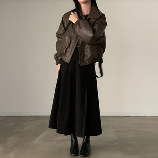 Zip Fleece Lined Leather Coat