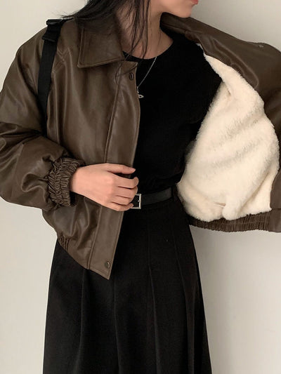 Zip Fleece Lined Leather Coat
