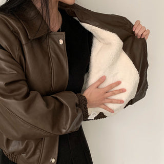 Zip Fleece Lined Leather Coat