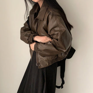 Zip Fleece Lined Leather Coat