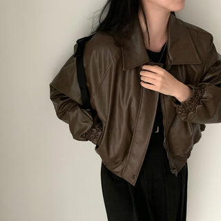 Zip Fleece Lined Leather Coat