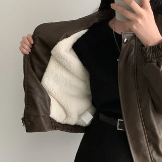 Zip Fleece Lined Leather Coat