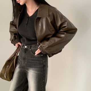 Zip Fleece Lined Leather Coat