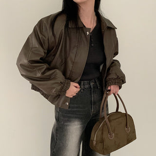 Zip Fleece Lined Leather Coat