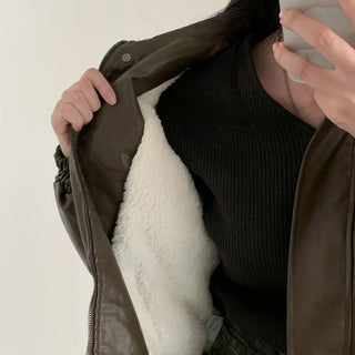 Zip Fleece Lined Leather Coat
