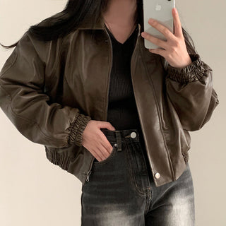 Zip Fleece Lined Leather Coat