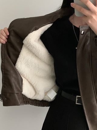 Zip Fleece Lined Leather Coat