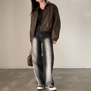 Zip Fleece Lined Leather Coat