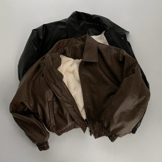 Zip Fleece Lined Leather Coat
