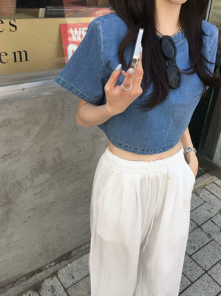 Denim Midriff-Baring Shirt