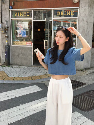 Denim Midriff-Baring Shirt