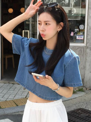 Denim Midriff-Baring Shirt