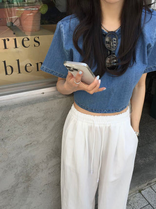 Denim Midriff-Baring Shirt