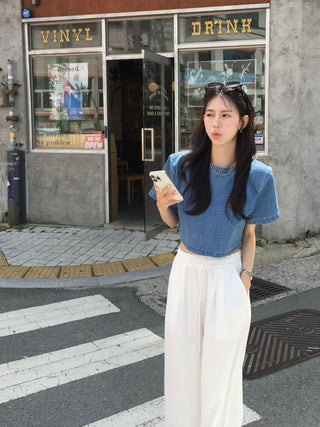 Denim Midriff-Baring Shirt