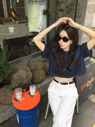 Denim Midriff-Baring Shirt