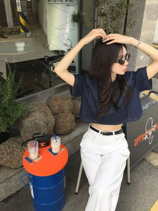 Denim Midriff-Baring Shirt