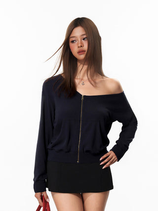 Zipper Off-Shoulder Sweater
