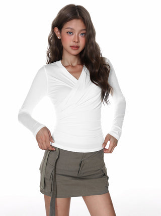 Cross Pleated V-Neck Top