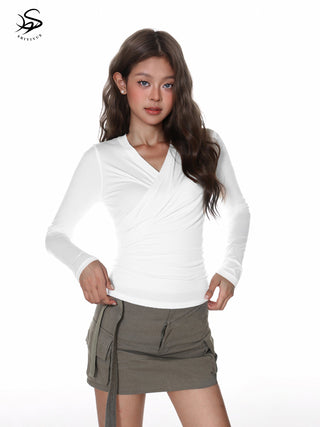 Cross Pleated V-Neck Top