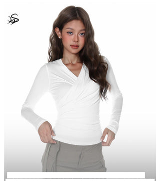 Cross Pleated V-Neck Top