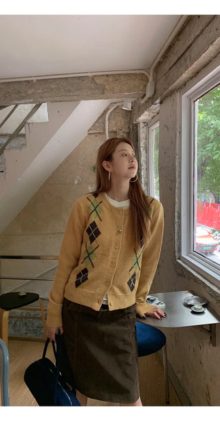 yellow knit cardigan