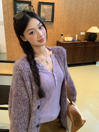 purple knit cardigan