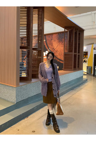 purple knit cardigan