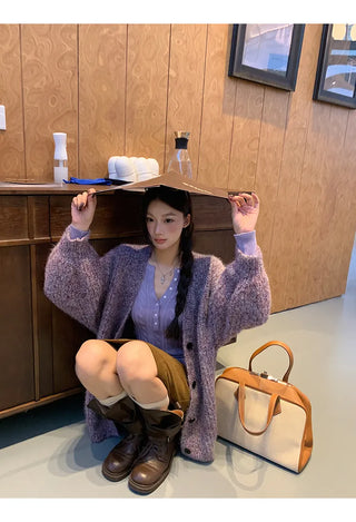 purple knit cardigan