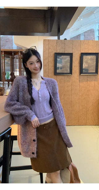 purple knit cardigan