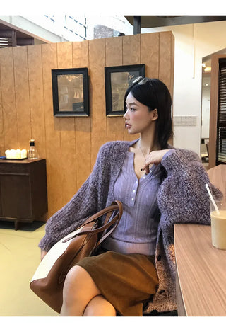 purple knit cardigan