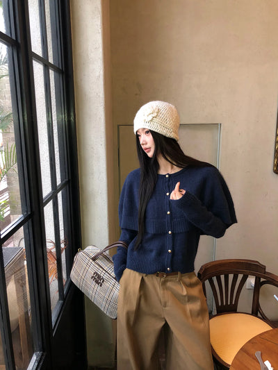 blue knit cardigan