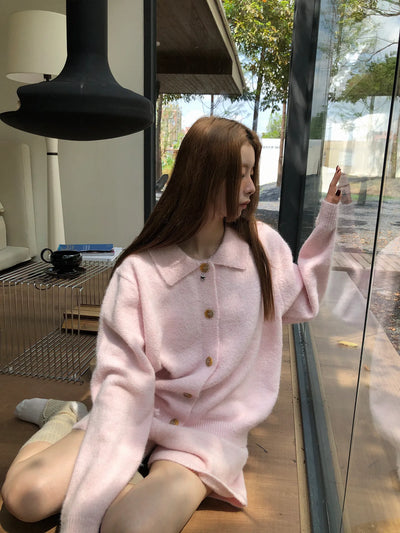 pink knit cardigan