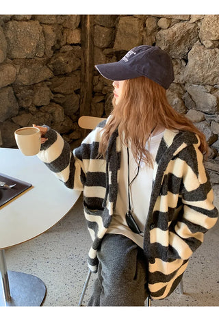 hooded striped cardigan