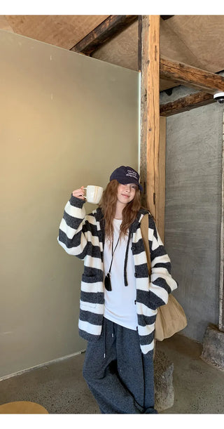 hooded striped cardigan