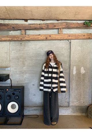 hooded striped cardigan