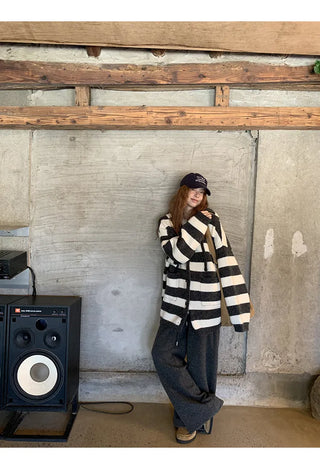 hooded striped cardigan