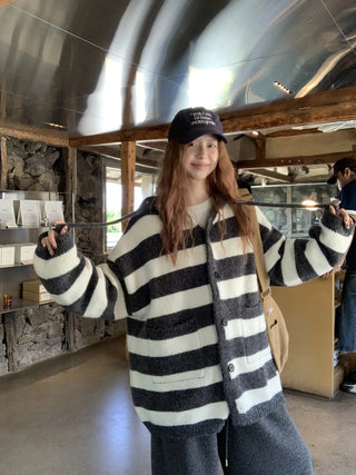 hooded striped cardigan