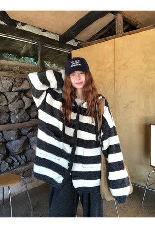 hooded striped cardigan