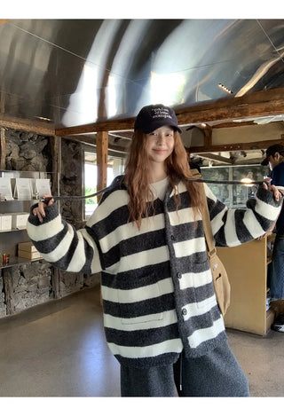 hooded striped cardigan