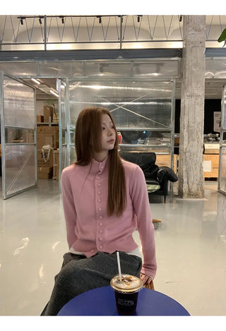 pink turtleneck cardigan