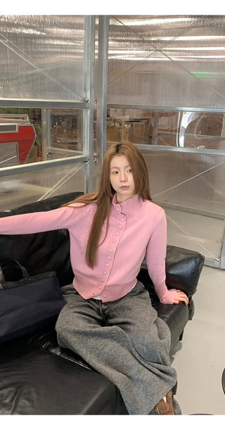 pink turtleneck cardigan