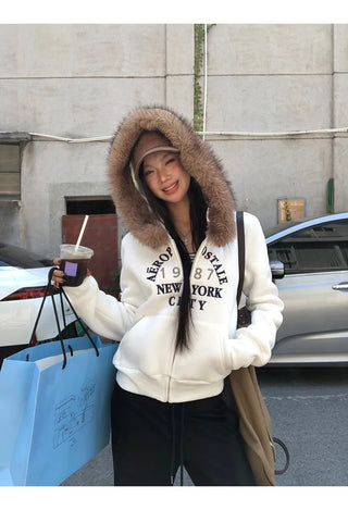 white hooded sweater