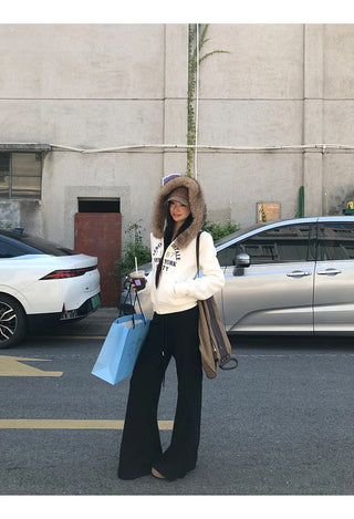 white hooded sweater