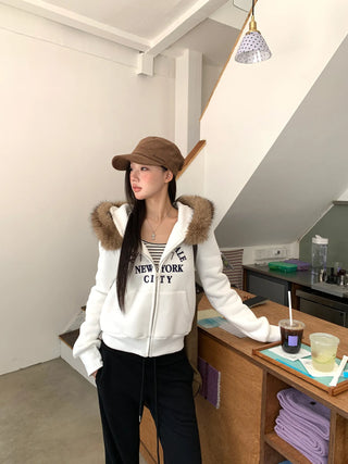 white hooded sweater