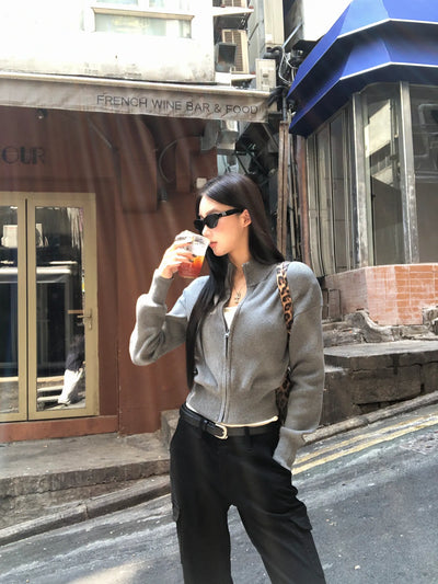 gray short cardigan